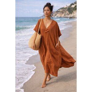 Free People FP Beach Oversized Cotton Kaftan Dress Rust Boho Pockets SP